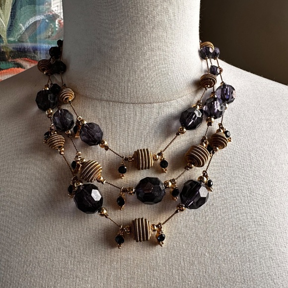 3 Strand Navy/ Smokey Violet Glass Bead and Gold Bead Necklace - Picture 5 of 6